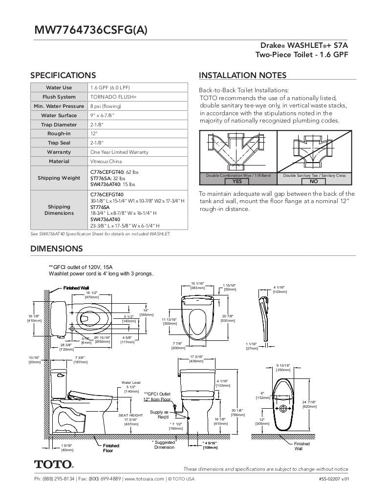 Drake WASHLET + S7A Two-Piece Toilet - 1.6 GPF - Universal Height
