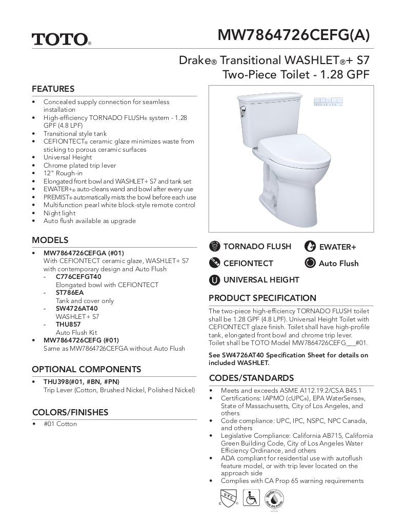 Drake TransitionalWASHLET + S7 Two-Piece Toilet - 1.28 GPF - Universal Height