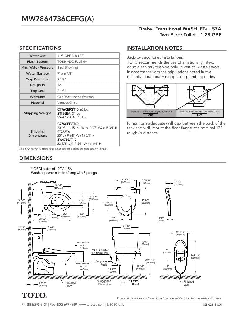 Drake TransitionalWASHLET + S7A Two-Piece Toilet - 1.28 GPF - Universal Height