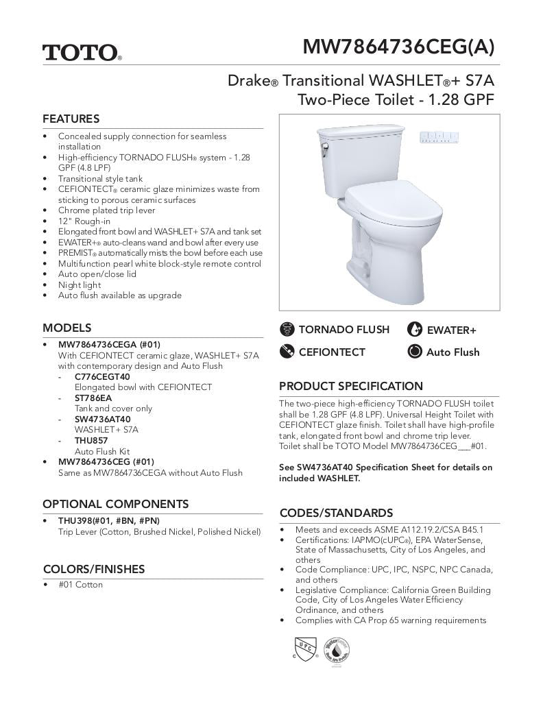 Drake TransitionalWASHLET + S7A Two-Piece Toilet - 1.28 GPF