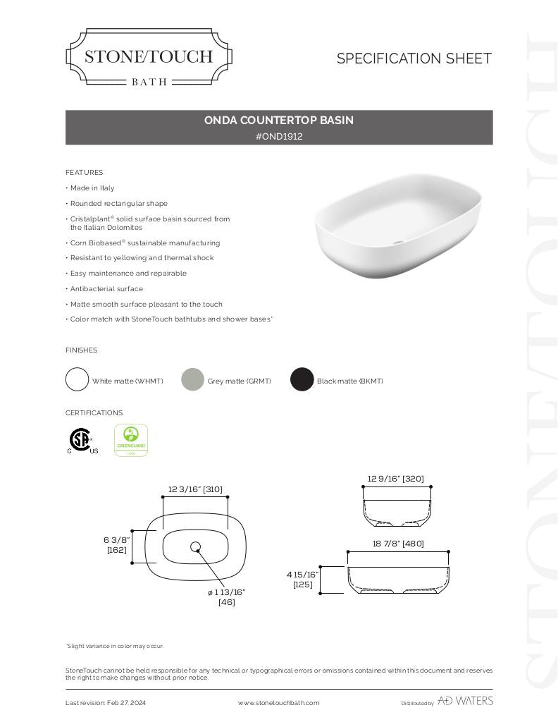 Onda Rectangular Countertop Basin