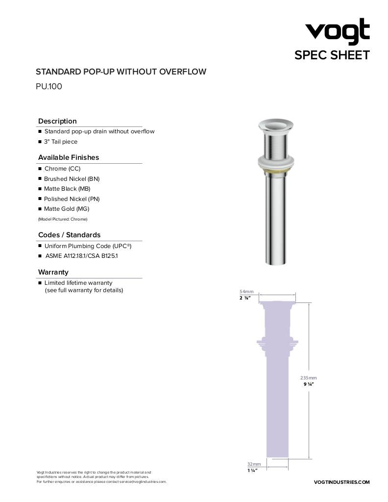 Vogt Standard Pop-Up Sink Drain Without Overflow - image 2