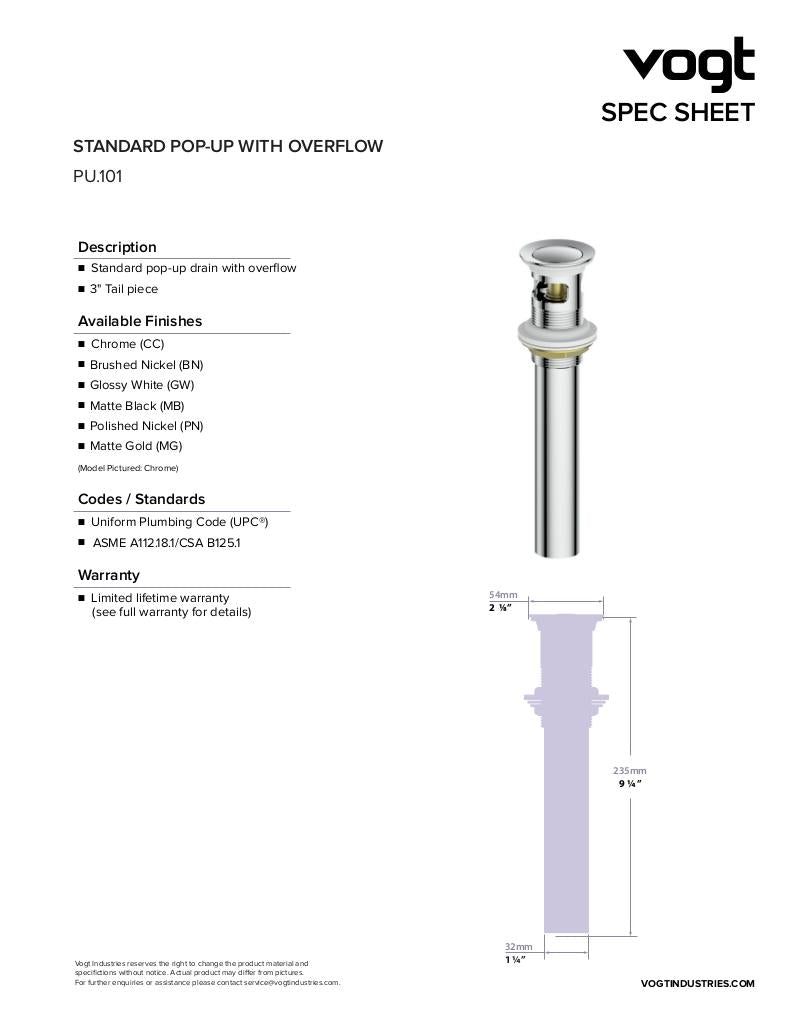 Vogt Standard Pop-Up Bathroom Sink Drain with Overflow - image 2