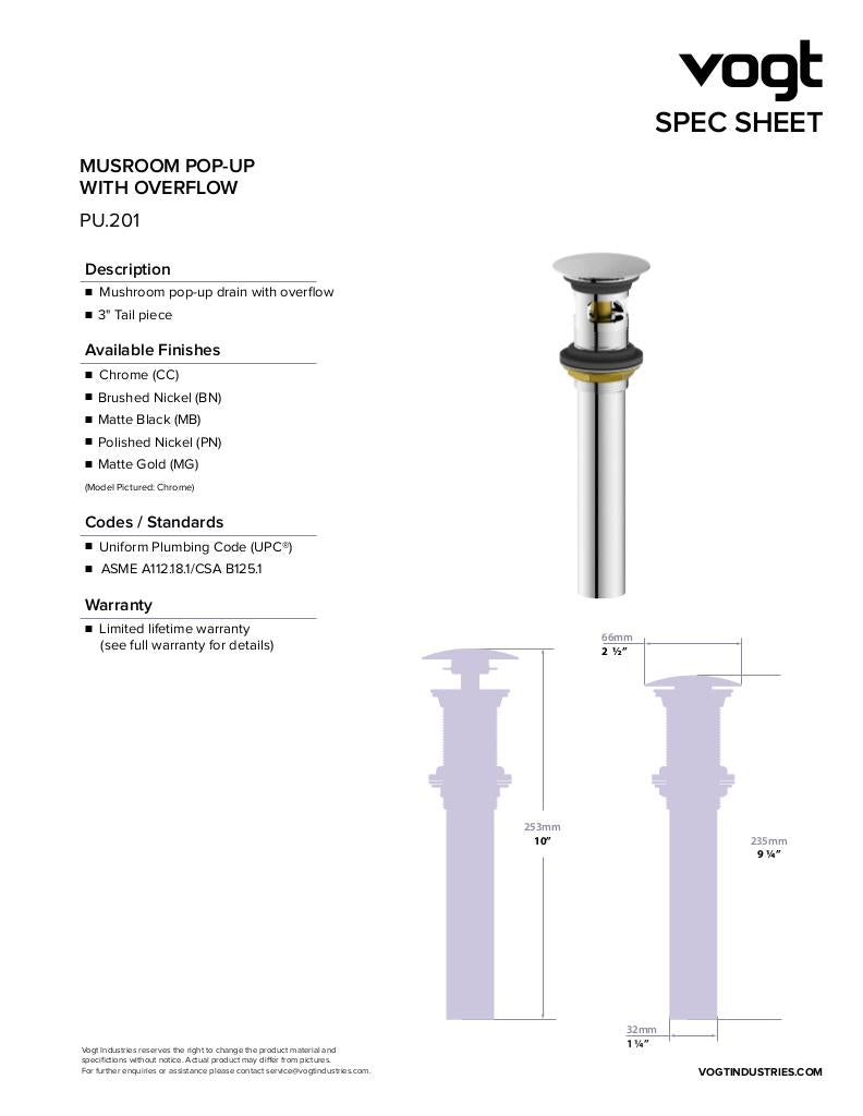 Vogt Mushroom Pop-Up Bathroom Sink Drain with Overflow - image 2