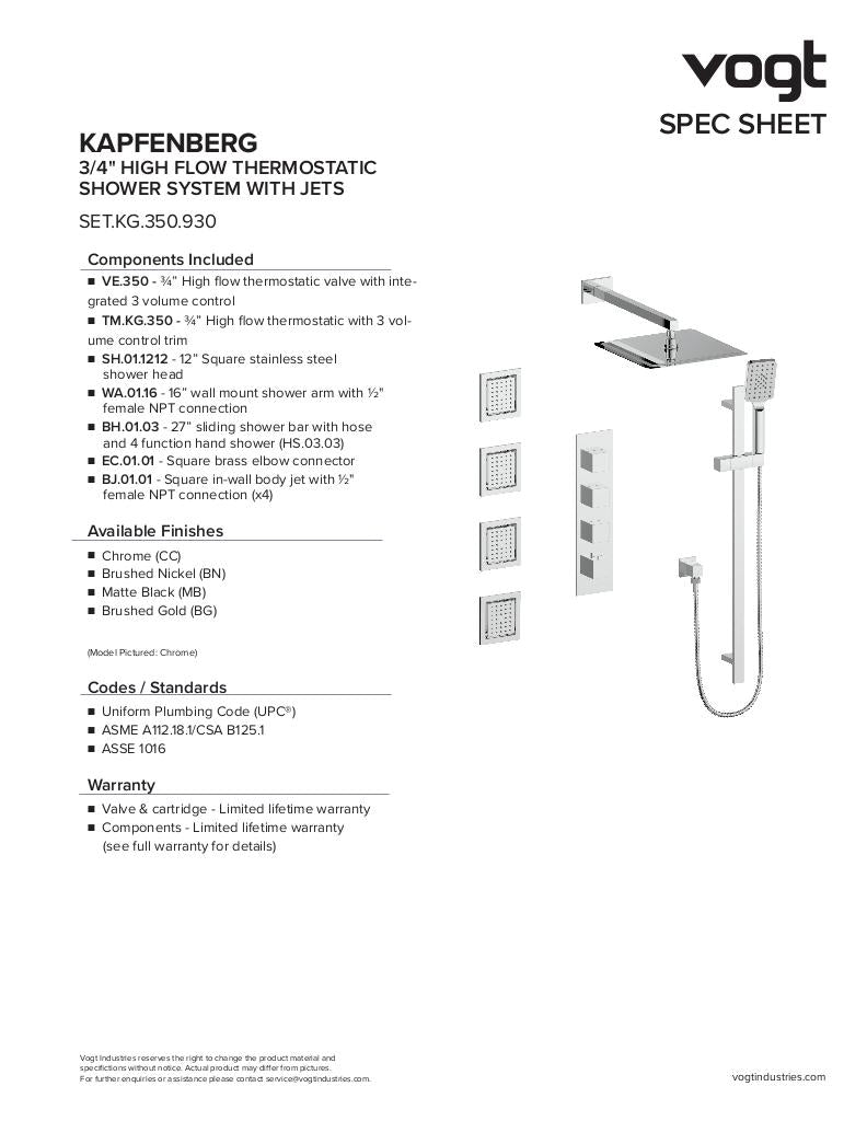 Vogt Kapfenberg High-Flow Thermostatic Shower Kit, Body Jets - image 2
