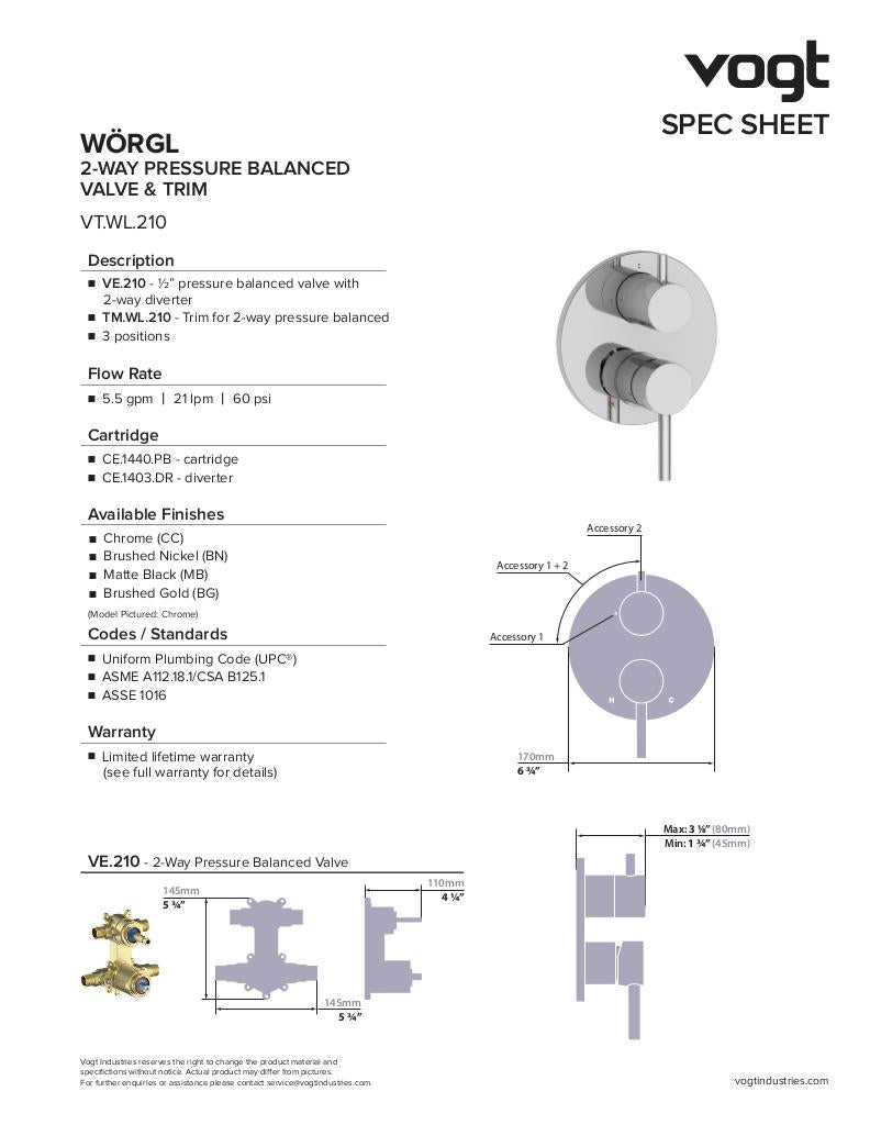 Vogt Worgl 2-Way Pressure Balanced Shower Kit SET.WL.210.210 - image 3