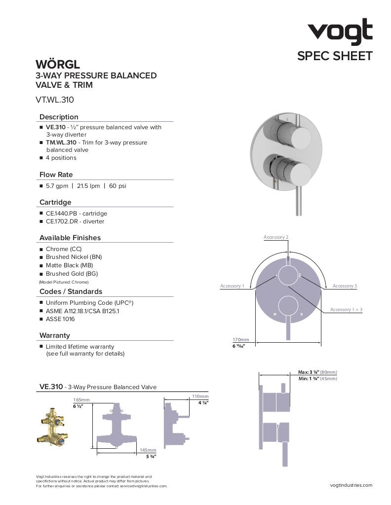 Vogt Worgl 3-Way Pressure Balanced Shower Kit SET.WL.310.310 - image 3
