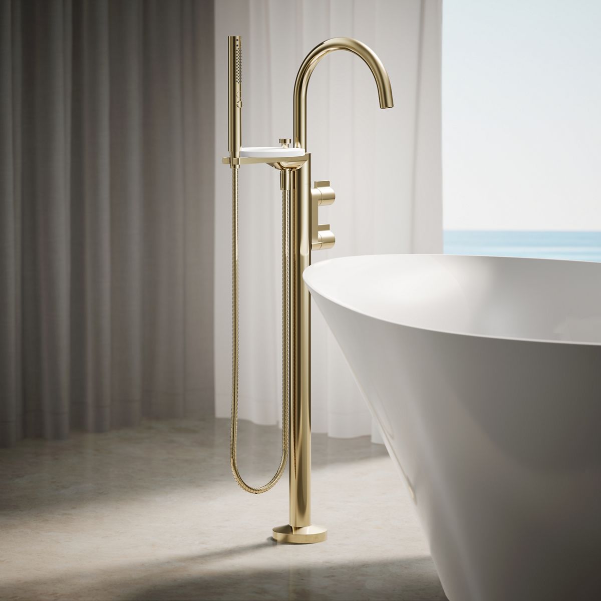 Components® Floor-mount bath filler trim with lever handles and handshower