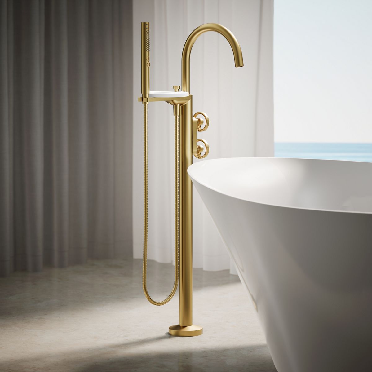 Components® Floor-mount bath filler trim with industrial handles and handshower