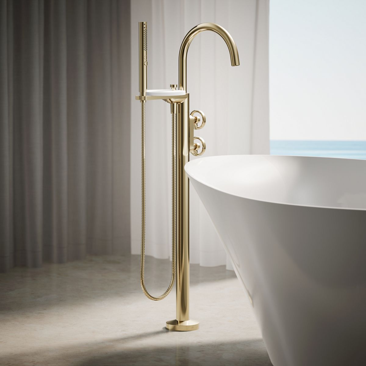 Components® Floor-mount bath filler trim with industrial handles and handshower