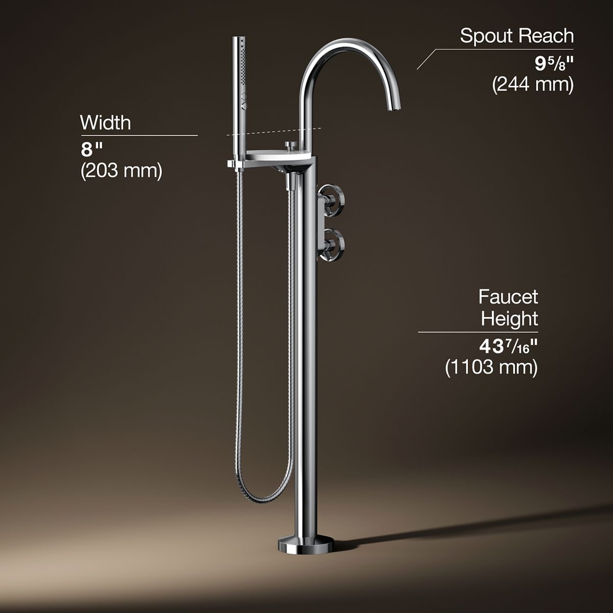 Components® Floor-mount bath filler trim with industrial handles and handshower