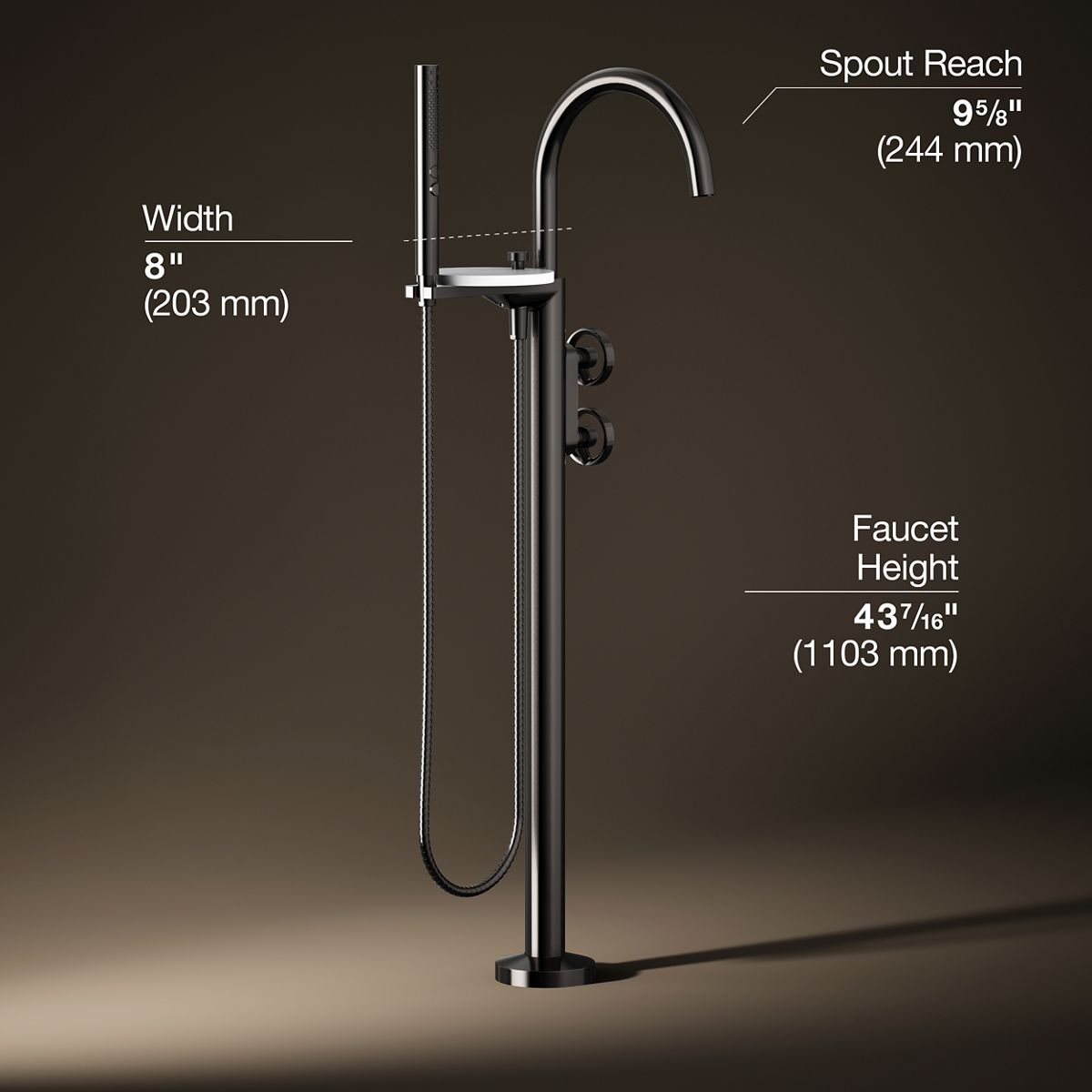 Components® Floor-mount bath filler trim with industrial handles and handshower
