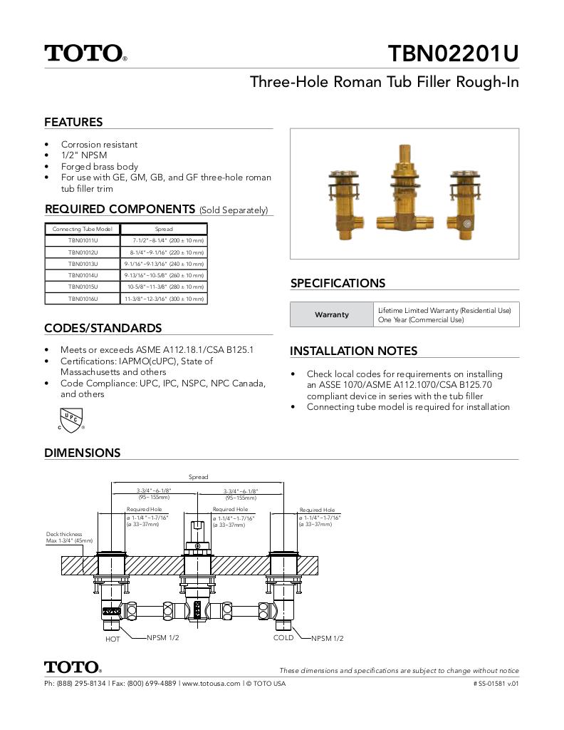 Three-Hole Roman Tub Filler Rough-in