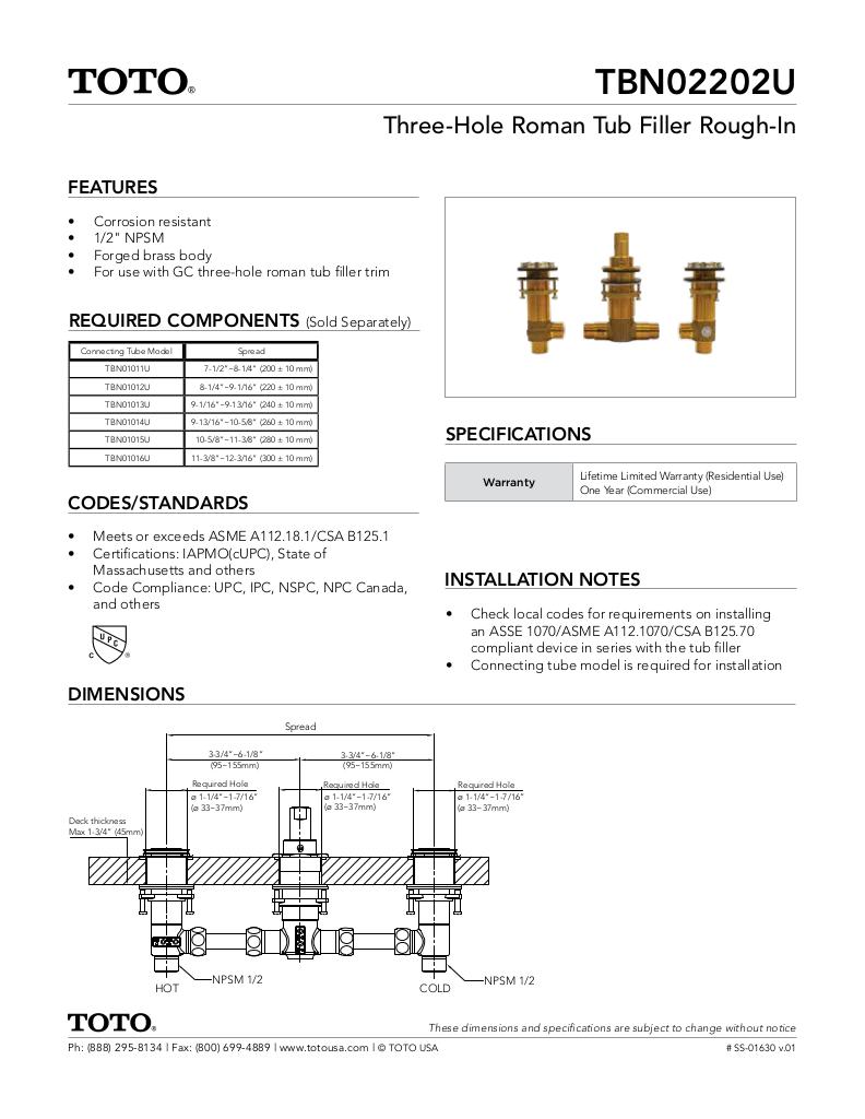 Three-Hole Roman Tub Filler Rough-in