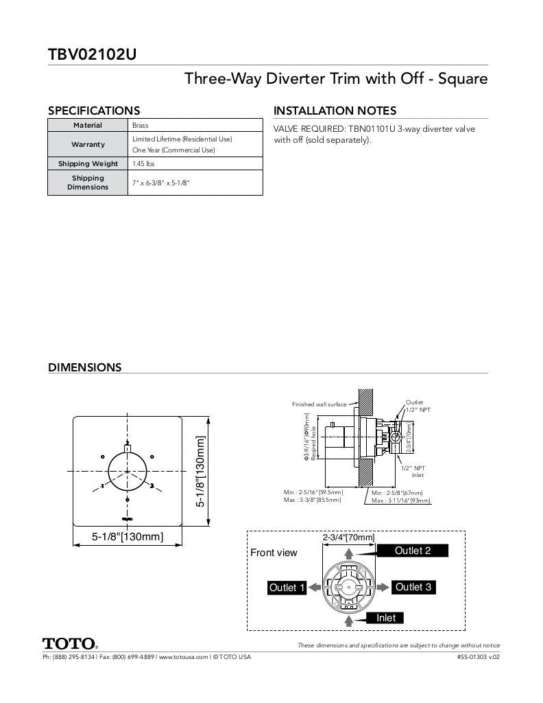 Three-way Diverter Trim with Off - Square