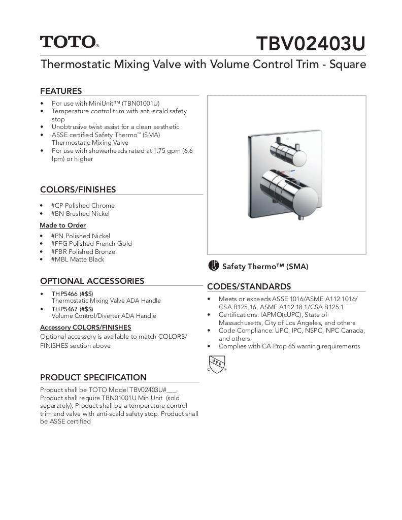 Thermostatic Mixing Valve with Volume Control Trim - Square