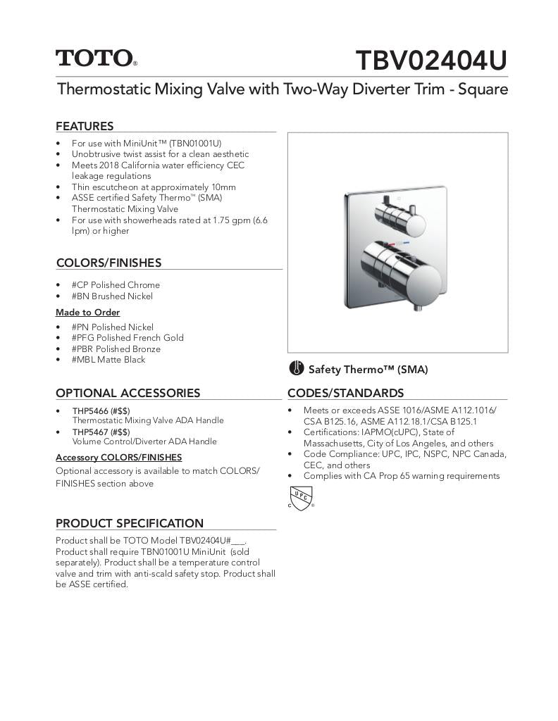 Thermostatic Mixing Valve with Two-way Diverter Trim - Square