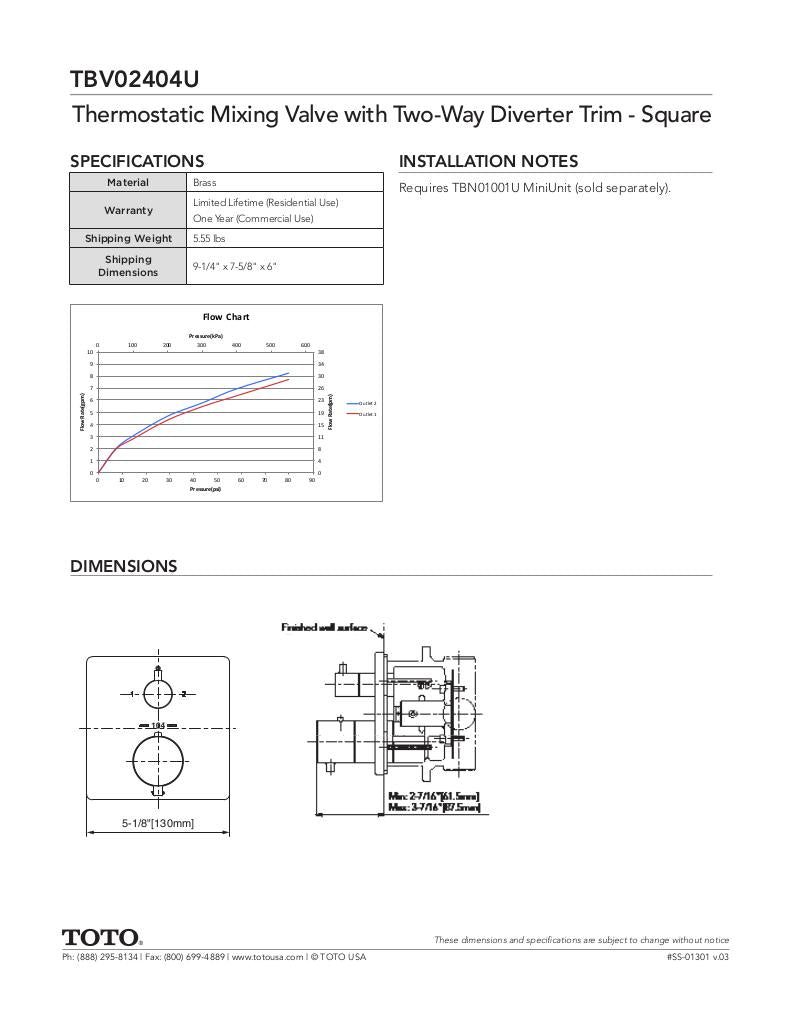 Thermostatic Mixing Valve with Two-way Diverter Trim - Square