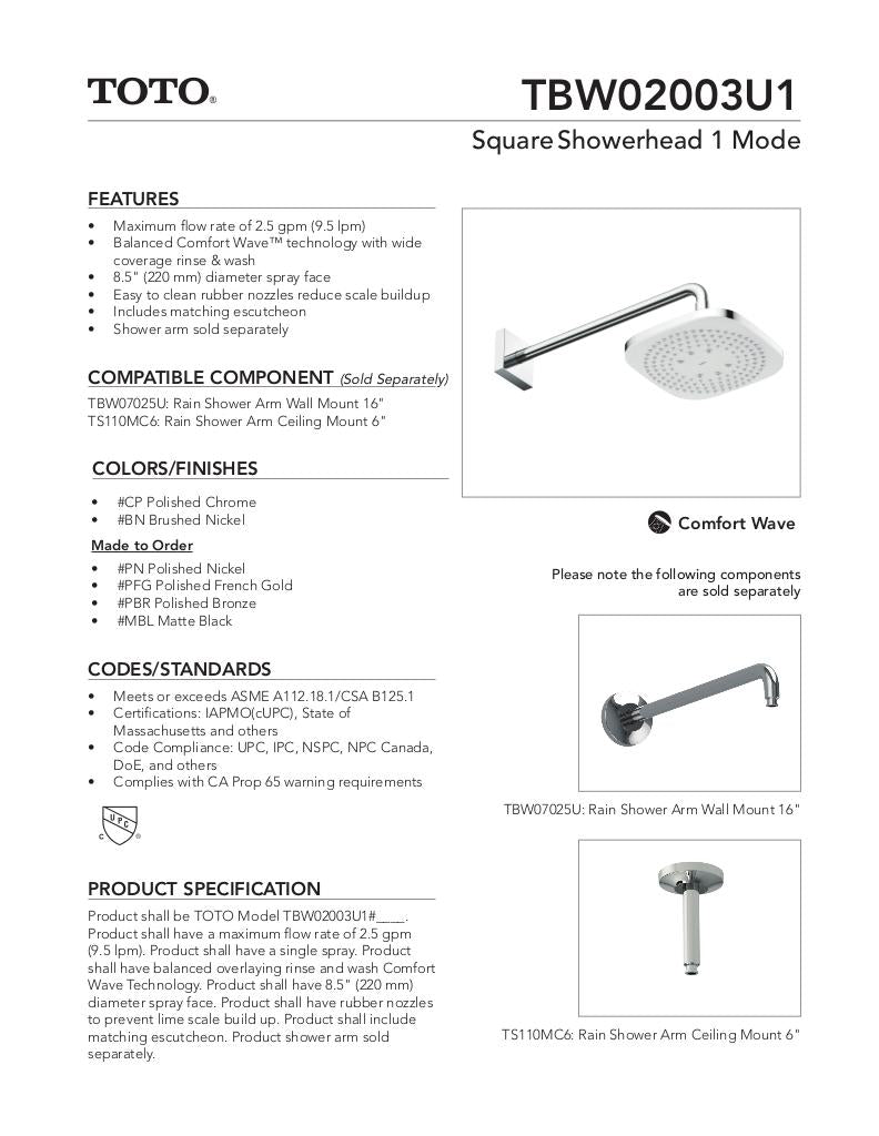 Square Showerhead 1 Mode - 2.5 GPM
