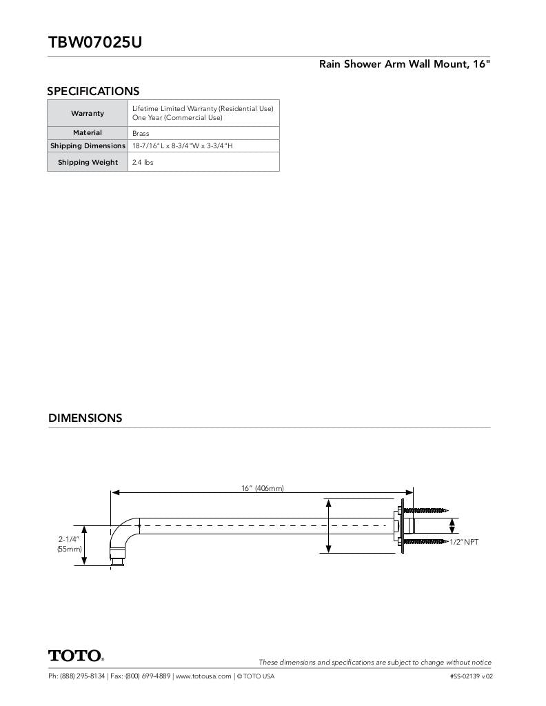 Rain Shower Arm Wall Mount - 16"