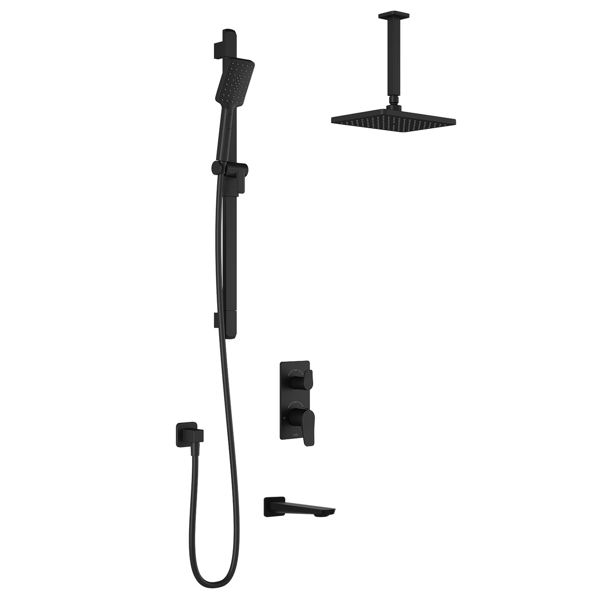 Kalia Moroka TD3 Aquatonik thermostatic shower system in Matte Black with ceiling arm, hand shower and tub spout