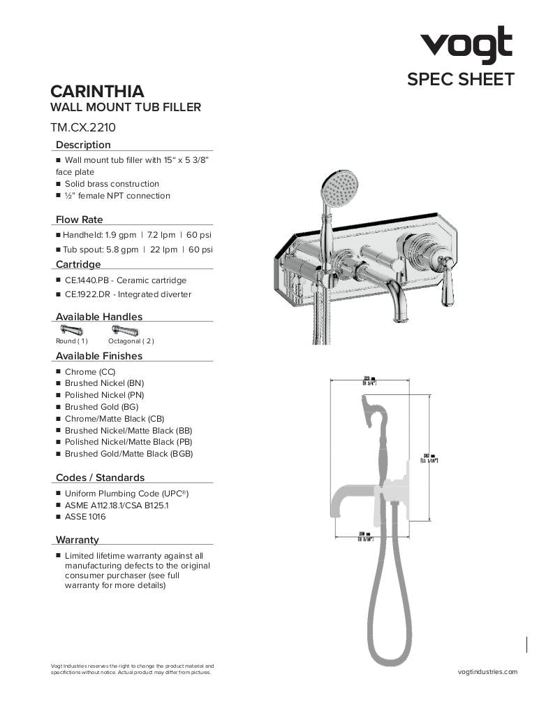 Vogt Carinthia Wall Mount Tub Filler Trim 2210 - image 2