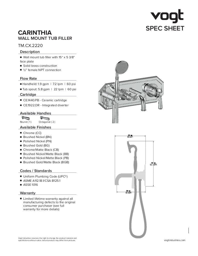 Vogt Carinthia Wall Mount Tub Filler Trim 2220 - image 2