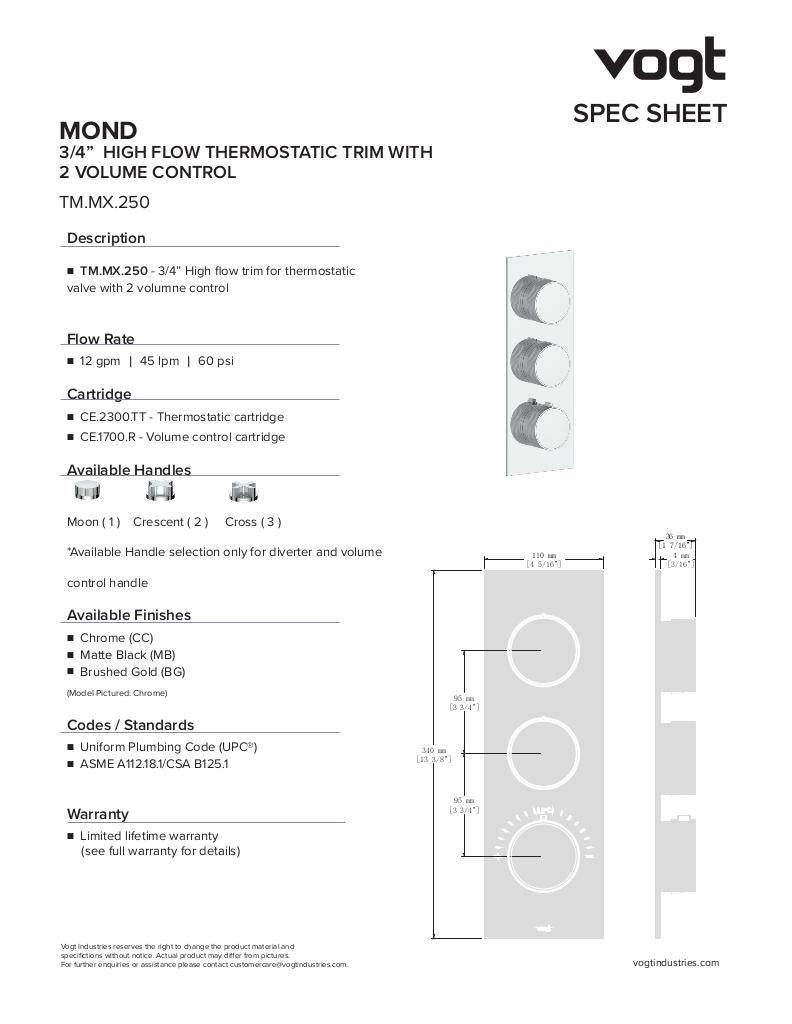MOND TRIM FOR 3/4" HIGH-FLOW TH VALVE WITH 2 VOLUME CONTROLS