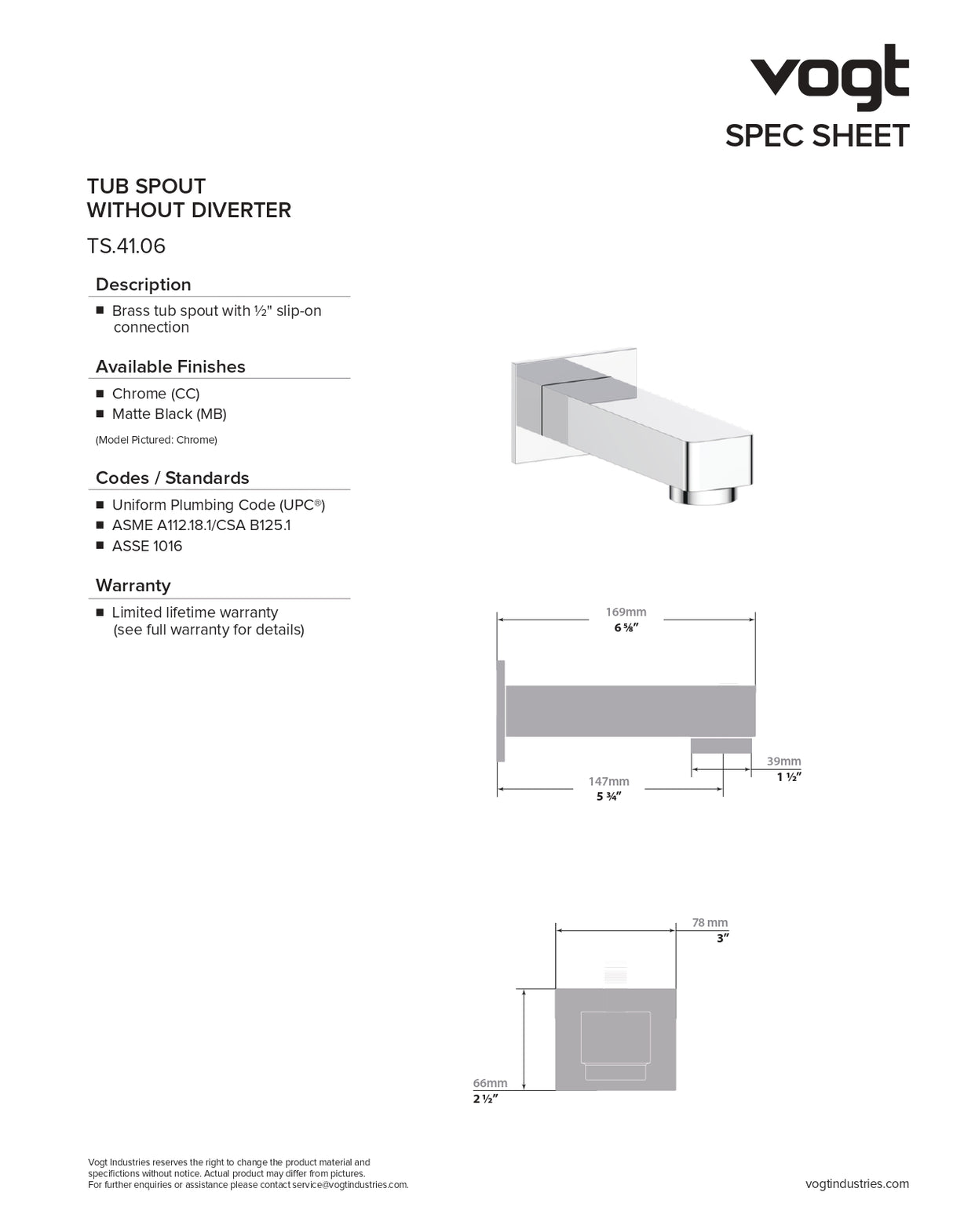 Vogt Square Slip-On Tub Spout TS.41.06 - image 2