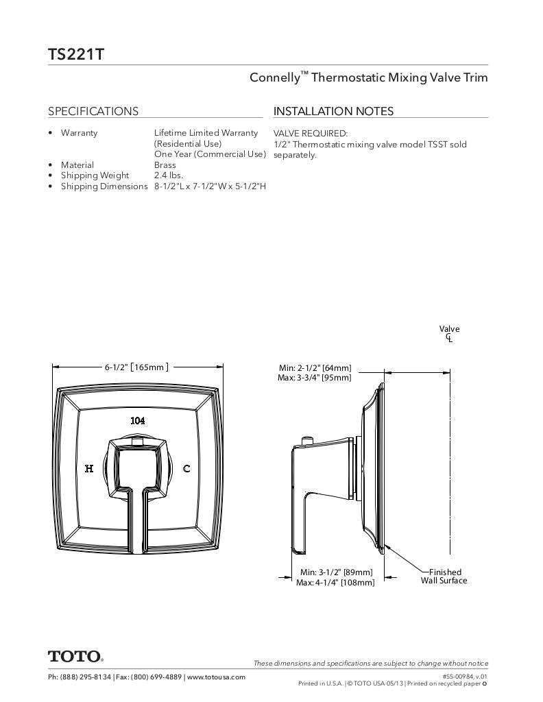 Connelly Thermostatic Mixing Valve Trim