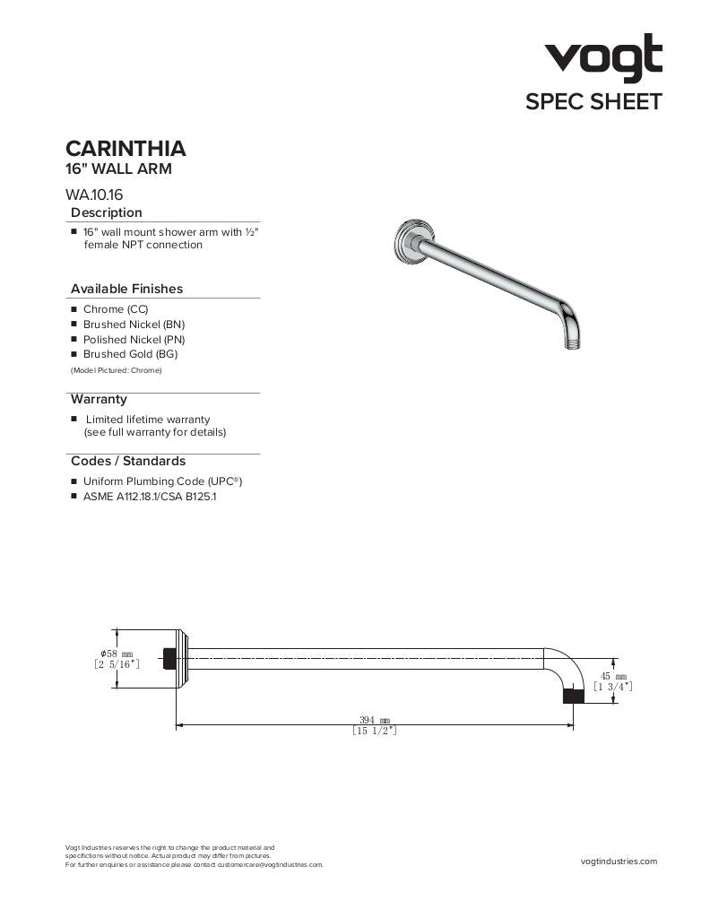 Vogt Carinthia 16" Wall Mount Shower Arm WA.10.16 - image 2