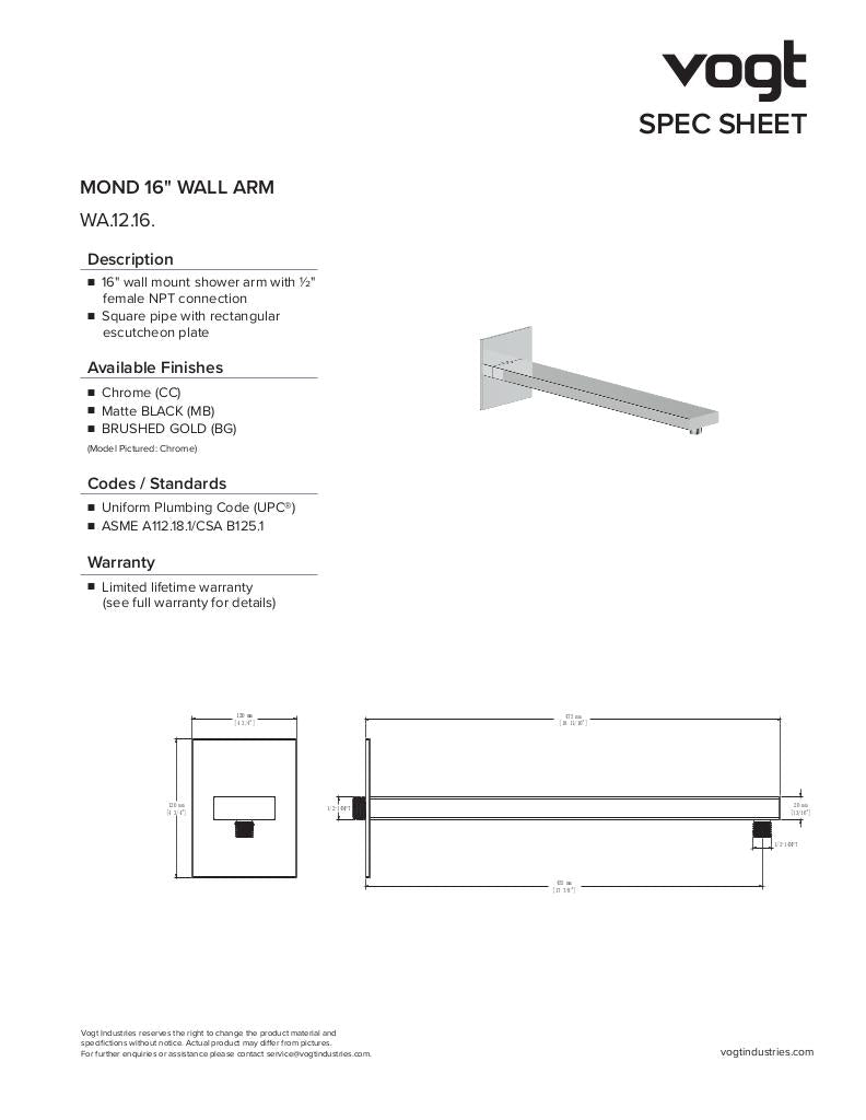 Vogt Mond 16" Wall Mount Shower Arm WA.12.16 - image 2