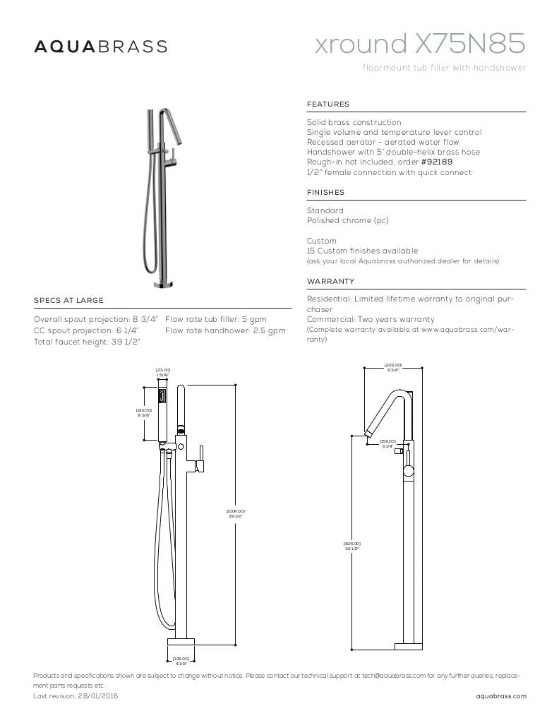 Aquabrass Floor Mount Tub Filler X75N85 Polished Chrome - image 2