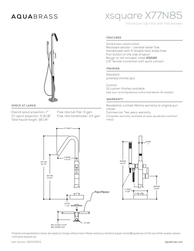 Aquabrass Floor Mount Tub Filler, Recessed Aerator - image 2