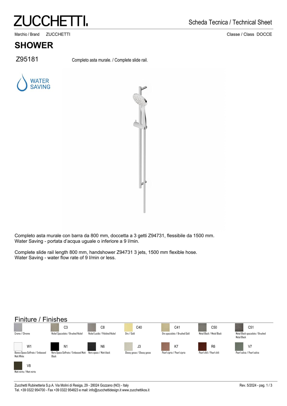 Zucchetti Pan S Slide Rail Kit 800mm 3-Jet - image 2