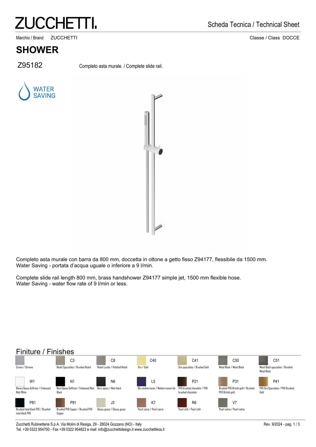 Zucchetti Pan S Slide Rail Kit 800mm Single Jet - image 2