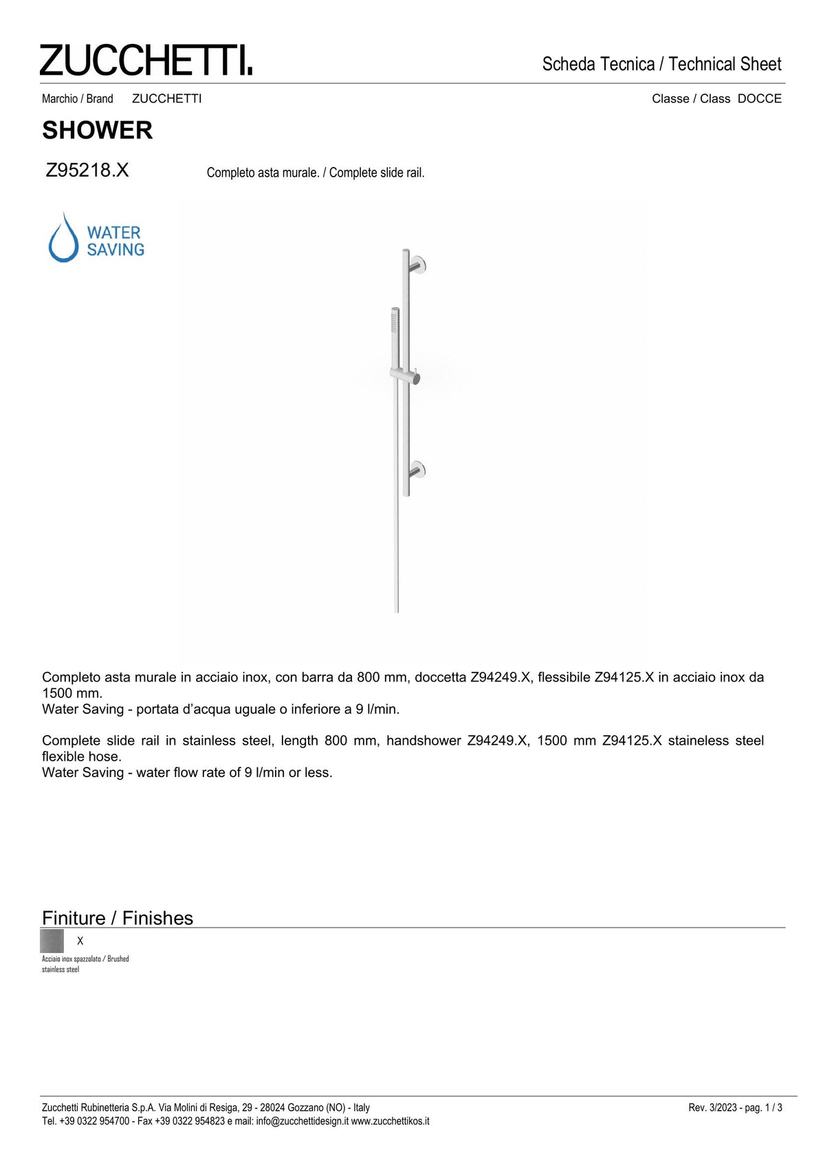 Zucchetti Sablier Slide Rail Kit 800mm Steel Hose - image 2