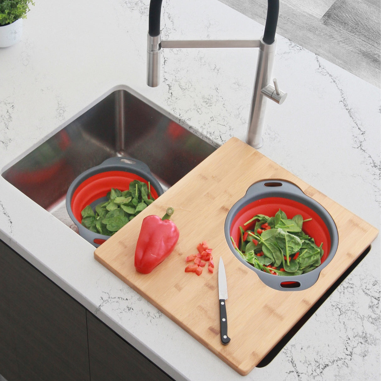 18" Over the Sink Bamboo Large Cutting Board with Colander and Bowl Set