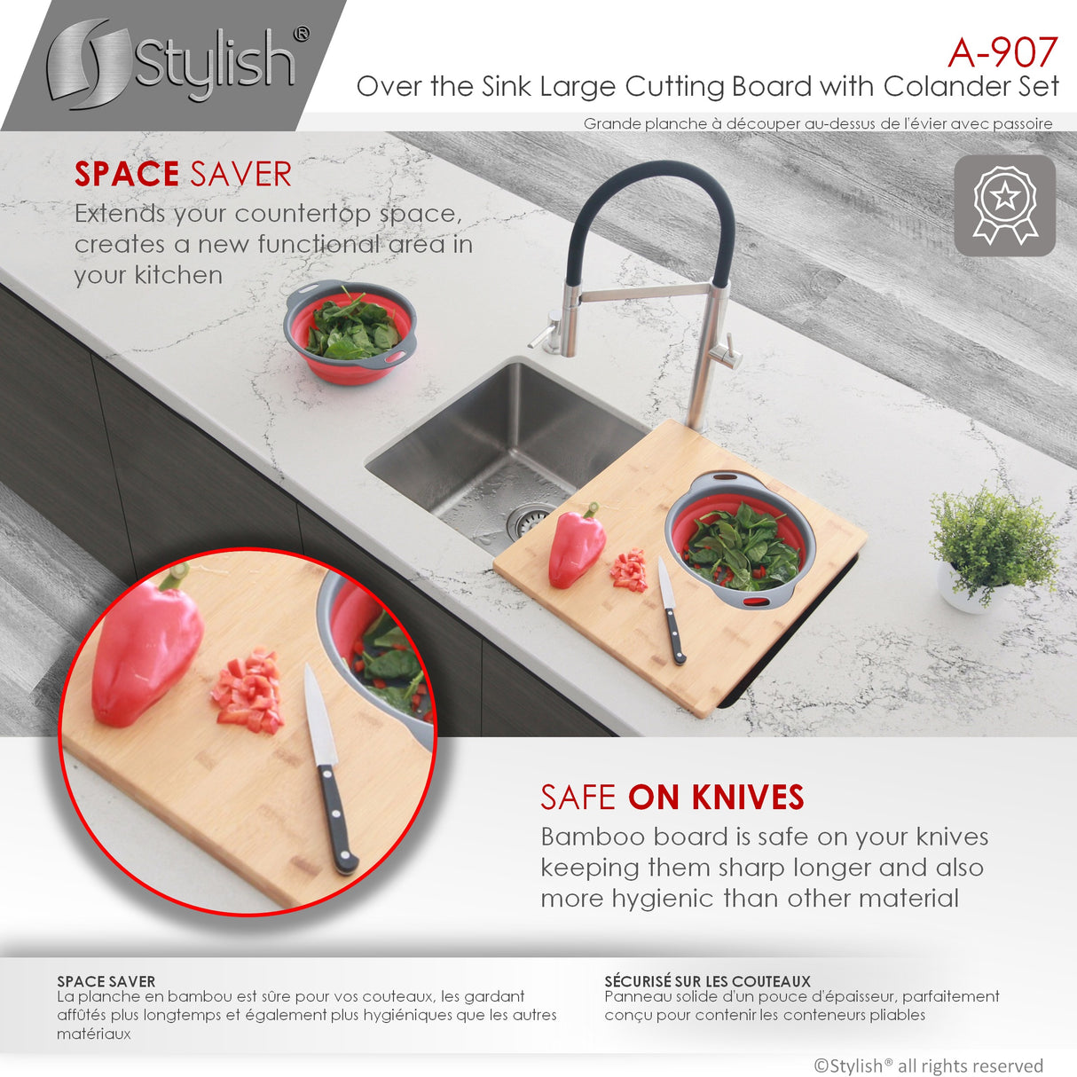 18" Over the Sink Bamboo Large Cutting Board with Colander and Bowl Set