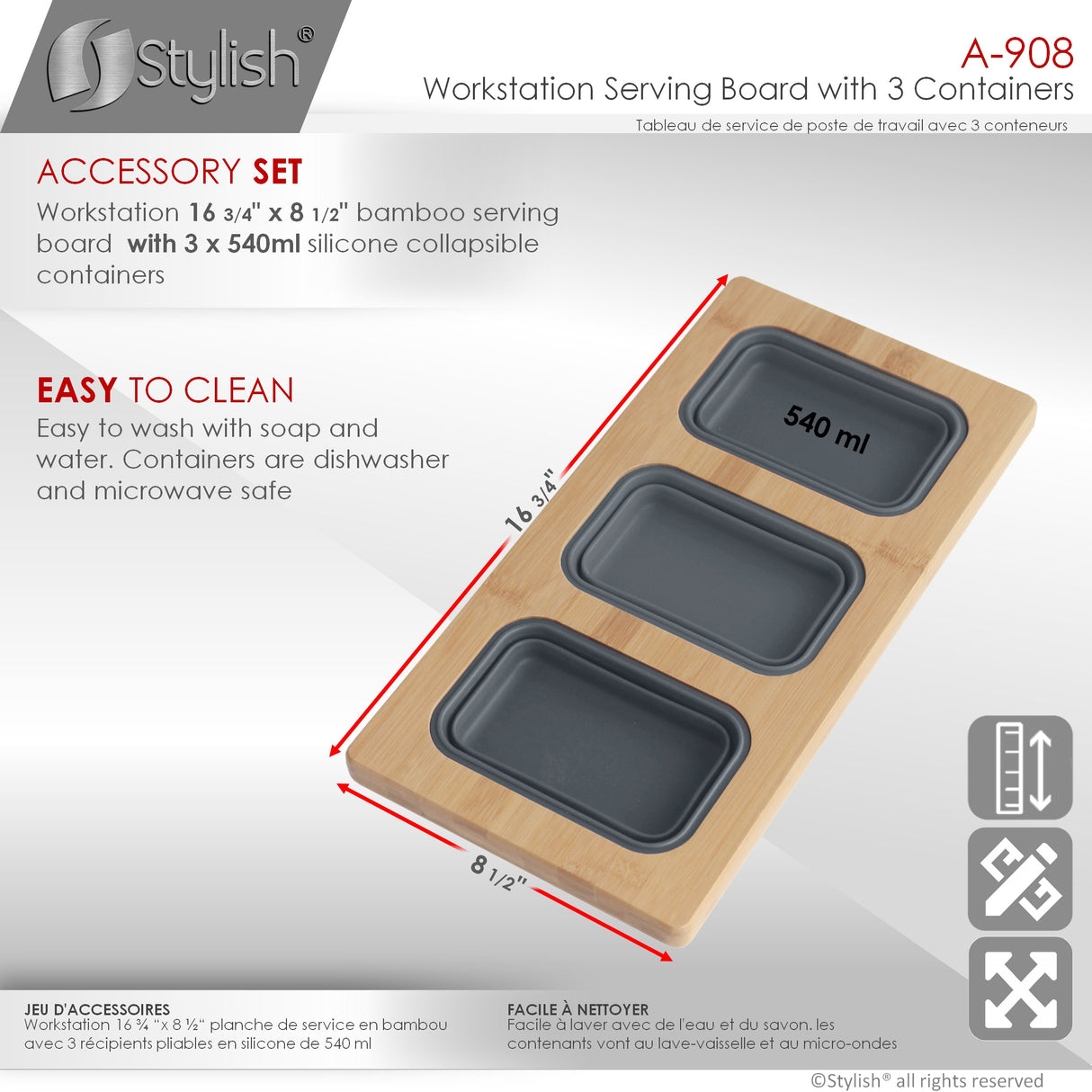 16 3/4" Bamboo Serving Board with 3 Collapsible Containers