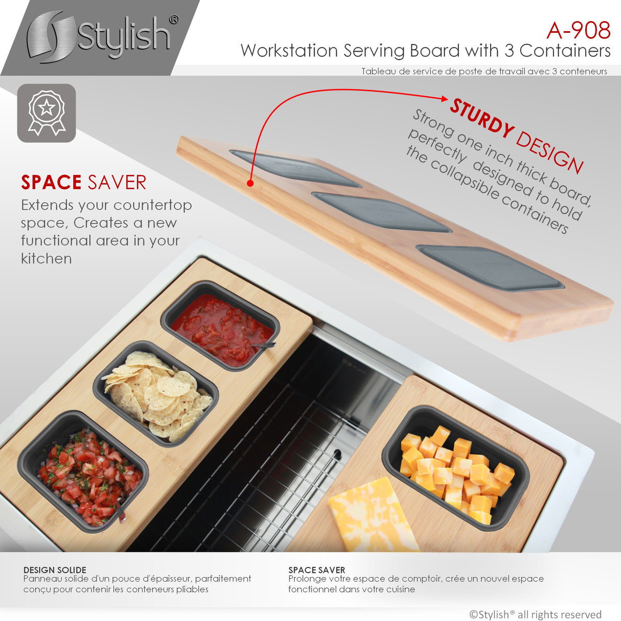 16 3/4" Bamboo Serving Board with 3 Collapsible Containers