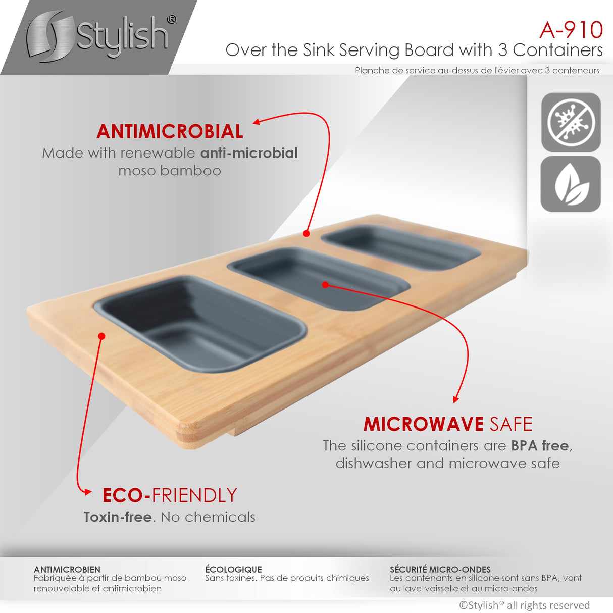 18" Bamboo Workstation Serving Board with 3 Collapsible Containers