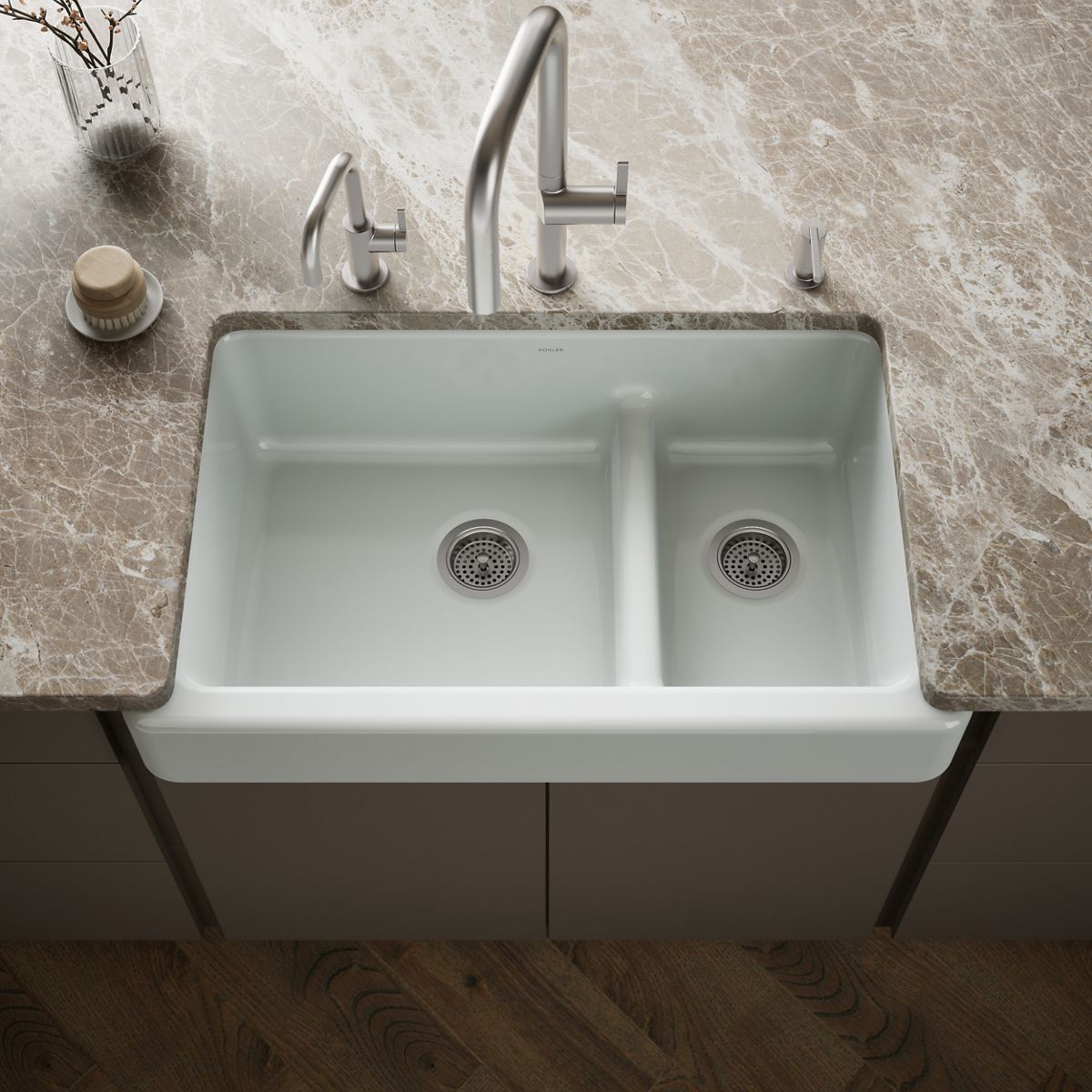 Whitehaven® Smart Divide® 35-1/2" undermount double-bowl farmhouse kitchen sink with short apron