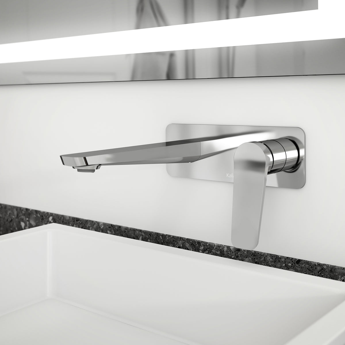 Kalia Moroka wall-mount bathroom sink faucet in Chrome, single handle, installed above a sink in a modern bathroom