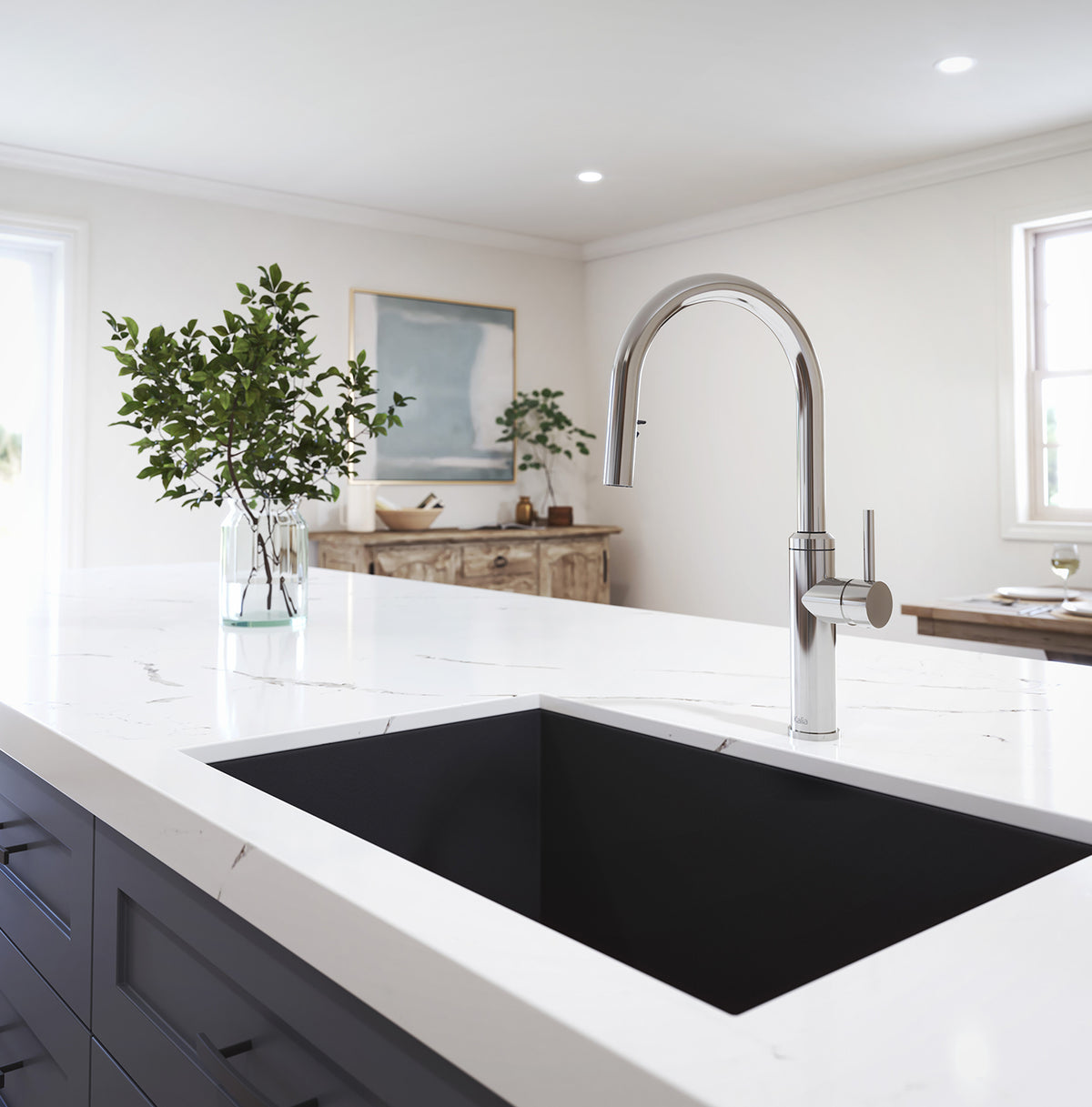 Enora Diver pull-down kitchen faucet installed at a kitchen island sink