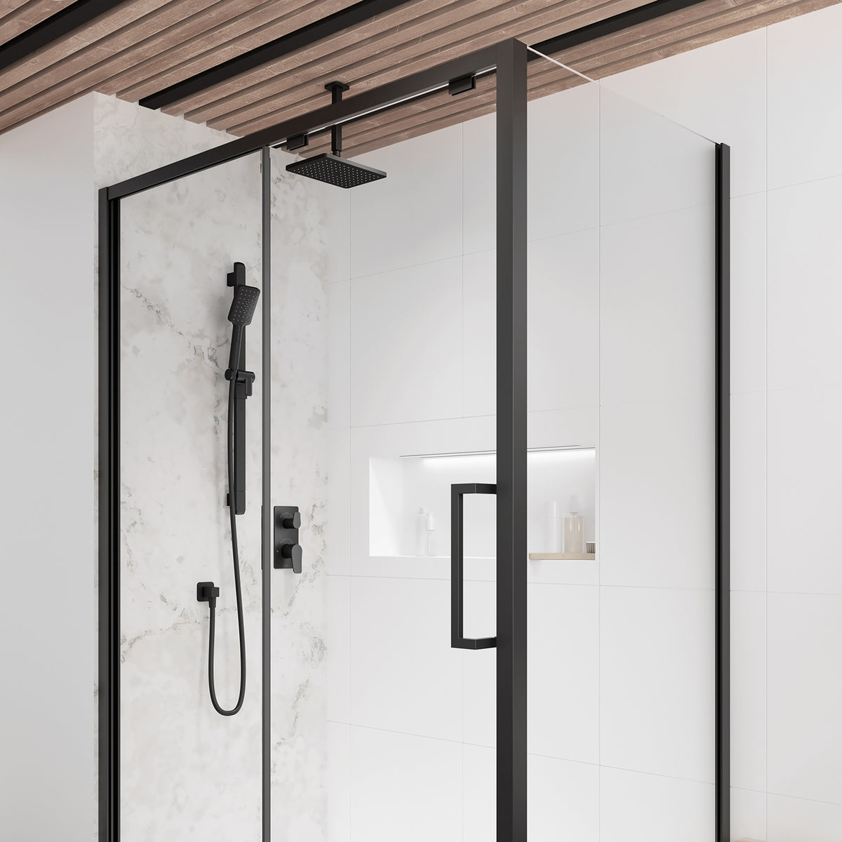 Kalia Moroka TD2 Aquatonik T/P shower system with diverter in Matte Black installed in a modern bathroom