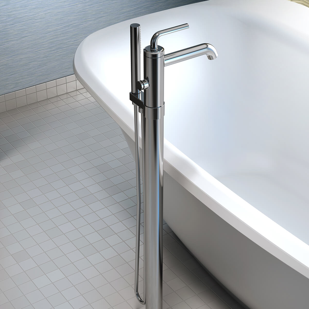 Kalia Cité floor-mount tub filler with handshower in Chrome installed beside a freestanding tub