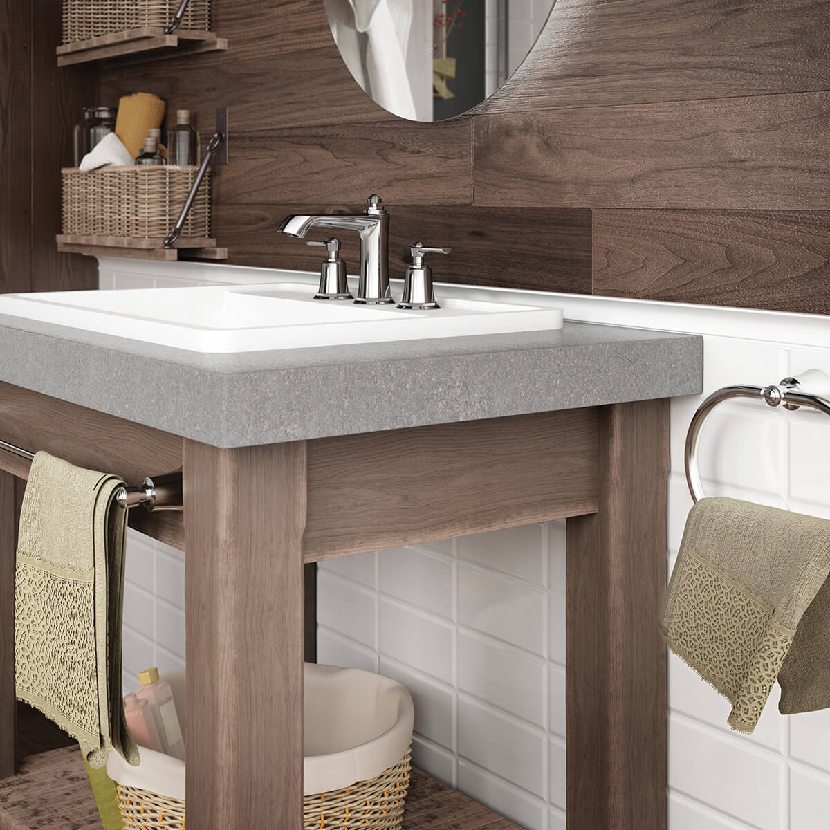 Kalia Rustik widespread bathroom sink faucet in Chrome with two lever handles, installed in a rustic bathroom