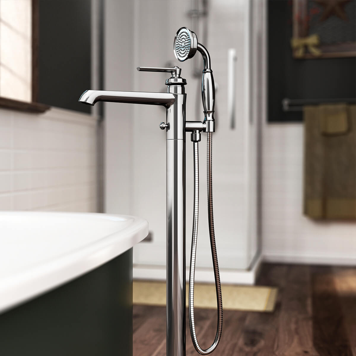 Kalia Rustik floor-mount tub filler with handshower in Chrome installed beside a freestanding tub in a bathroom