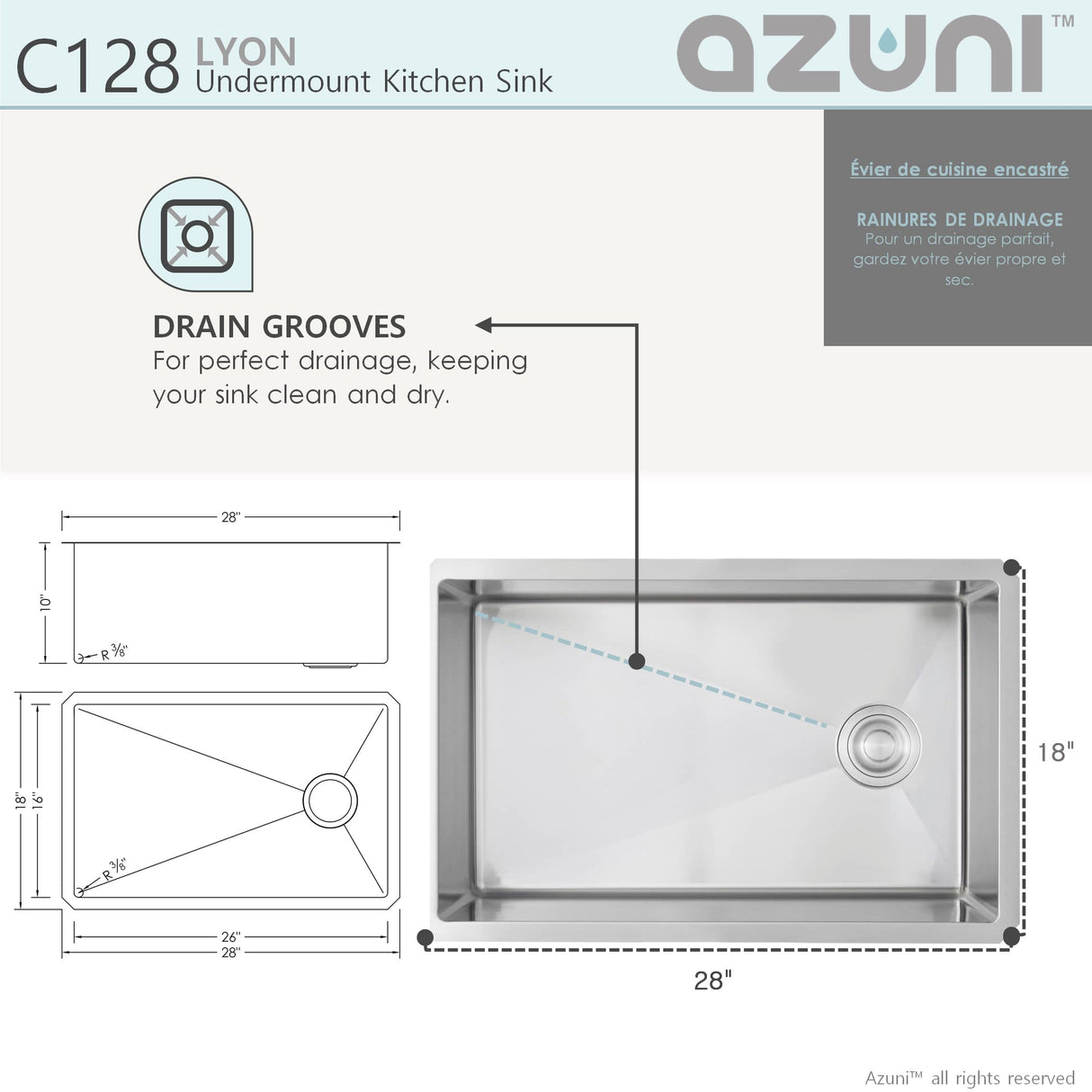 AZUNI 28"L x 18"W Single Bowl Undermount 16G Reversible Kitchen Sink with grid and Basket Strainer
